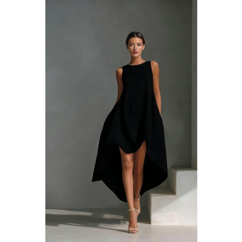 Women S Casual Solid Color Sleeveless Round Neck Irregular Flowy Long Dress