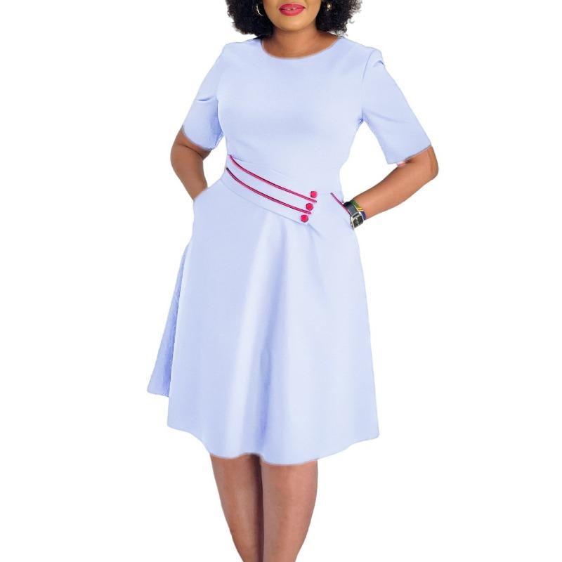 Women's New Fashion Short-sleeved Solid Color High-waisted Swinging African Dress