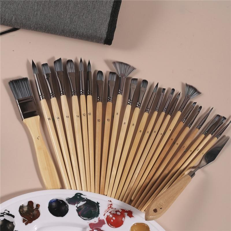 24x Acrylic Painting Brushes Scraper with Cloth Bag Artist Paintbrushes for Canvas Kid Adult Drawing Art Craft Supplies