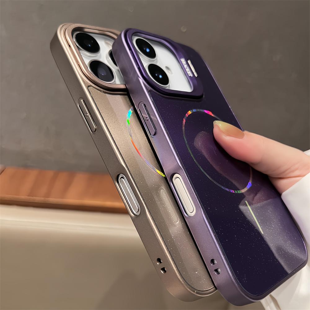 Flip Bracket Lens Protection Stand For Magsafe Magnetic Case For iPhone 14 15 16 17 Pro Max 13 12 11 Laser Aurora Bling Cover