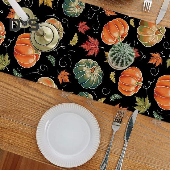 Thanksgiving Party Table Runner Pumpkin Sunflower Print Stain-Proof Reusable Table Protection Decoration Hotel Prom Banquet Table Runner