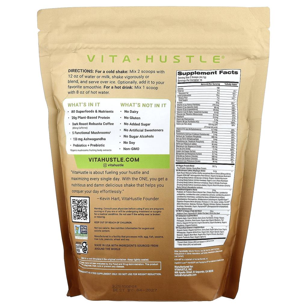 VitaHustle Superfood Protein Coffee, Café Latte, 670g (1.47lb)