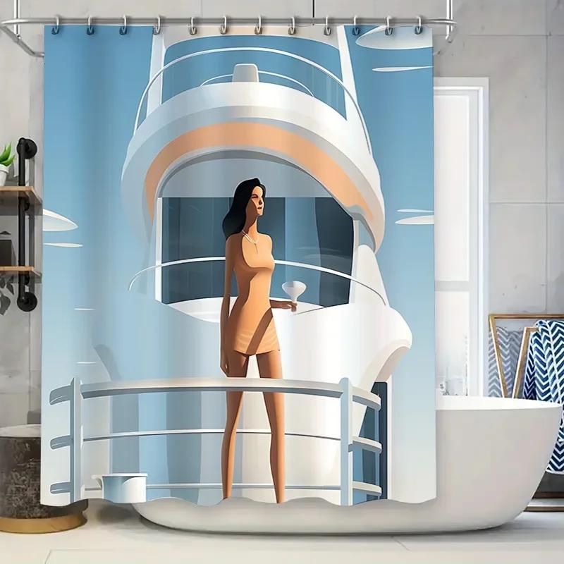 

Fashionable Waterproof Bath Curtain Luxurious Yacht Decoration High Quality Heat Resistant Machine Washable Opaque Elevate Space W90xH180cm