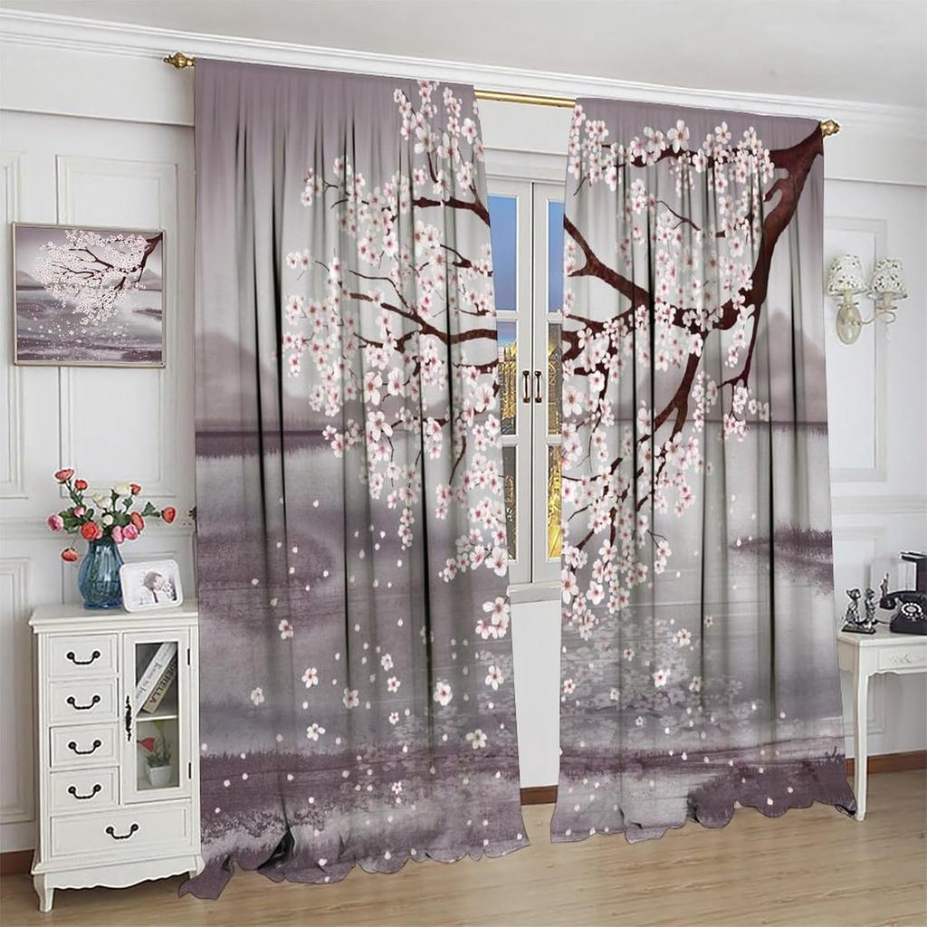 Cherry Blossom Windows Curtains  Japanese Traditional Retro Cherry Blossom  Mountain and Lake Watercolor Landscape Home Decor for