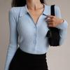 Women Lapel Slim Thin Jacket Buckle Sexy V-neck Long-sleeved POLO Collar Knitted Cardigan Sweater
