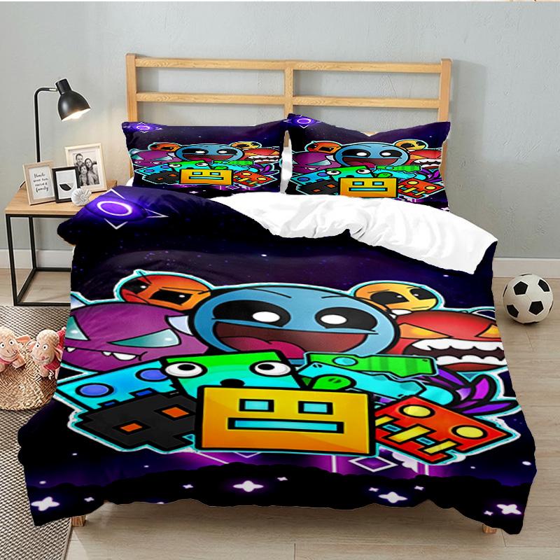 Set Biancheria da Letto 3 Pezzi Personaggi Colorati Geometry Dash, Ideale per 1 Copripiumino e 2 Federe Perfetto per Regalo Fan, Ideale per Camera da Letto, Dormitorio