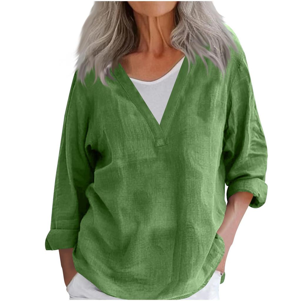 Women's Fashion Casual Cotton Linen V-Neck Long Sleeve Pullover Top