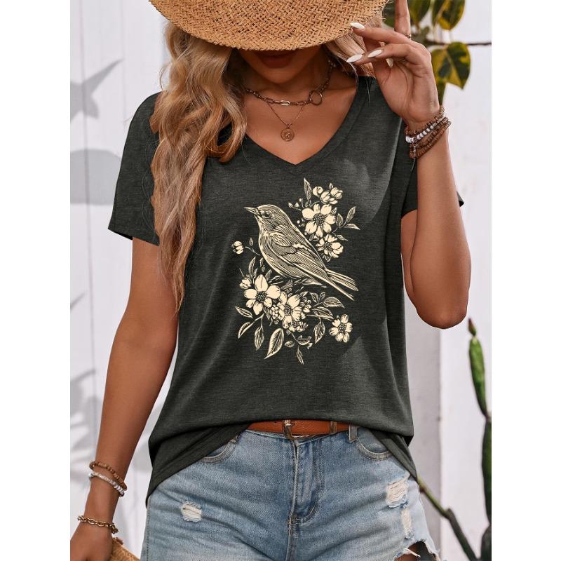 A Sense of Natural! Vintage Line Art Floral and Bird Print V-neck Colored T-shirt, Summer Loose-fit Casual Top