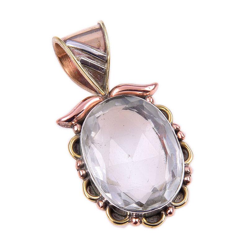Natural Crystal Quartz 925 Solid Sterling Silver Gift TwoTone Pendant 1.25" C8T82