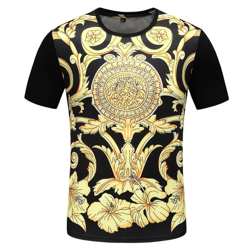 New Fashion Summer Baroque T-shirt Print 3D Floral T Shirt for Men and Women Vintage Luxury Brand Royal Golden Flower Camisetas