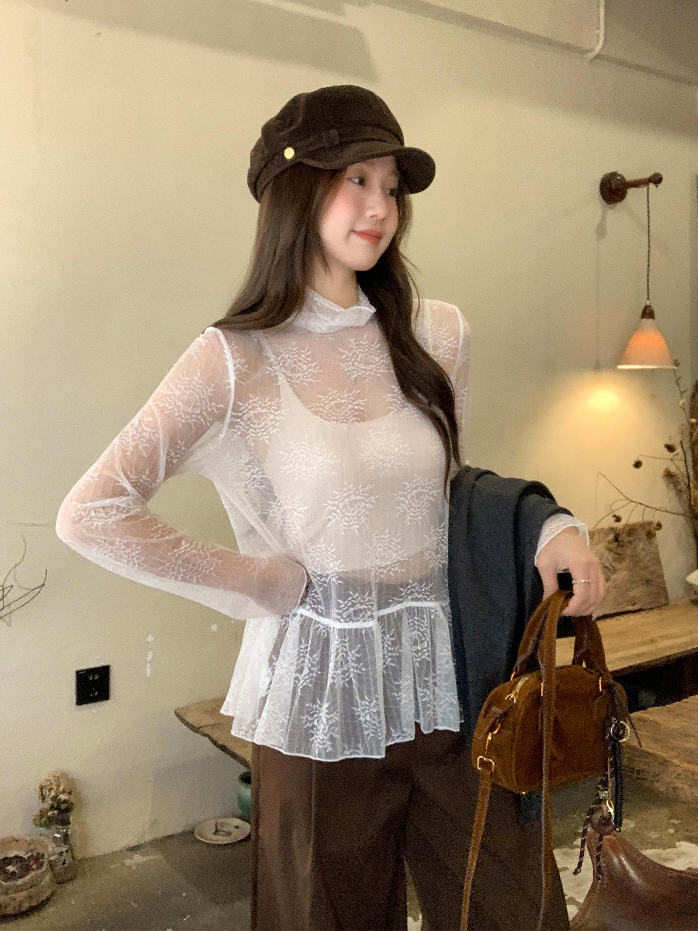 

White turtleneck slightly transparent long-sleeved blouse T-shirt splicing hem autumn bottoming shirt with loose stacking inside top women S белый