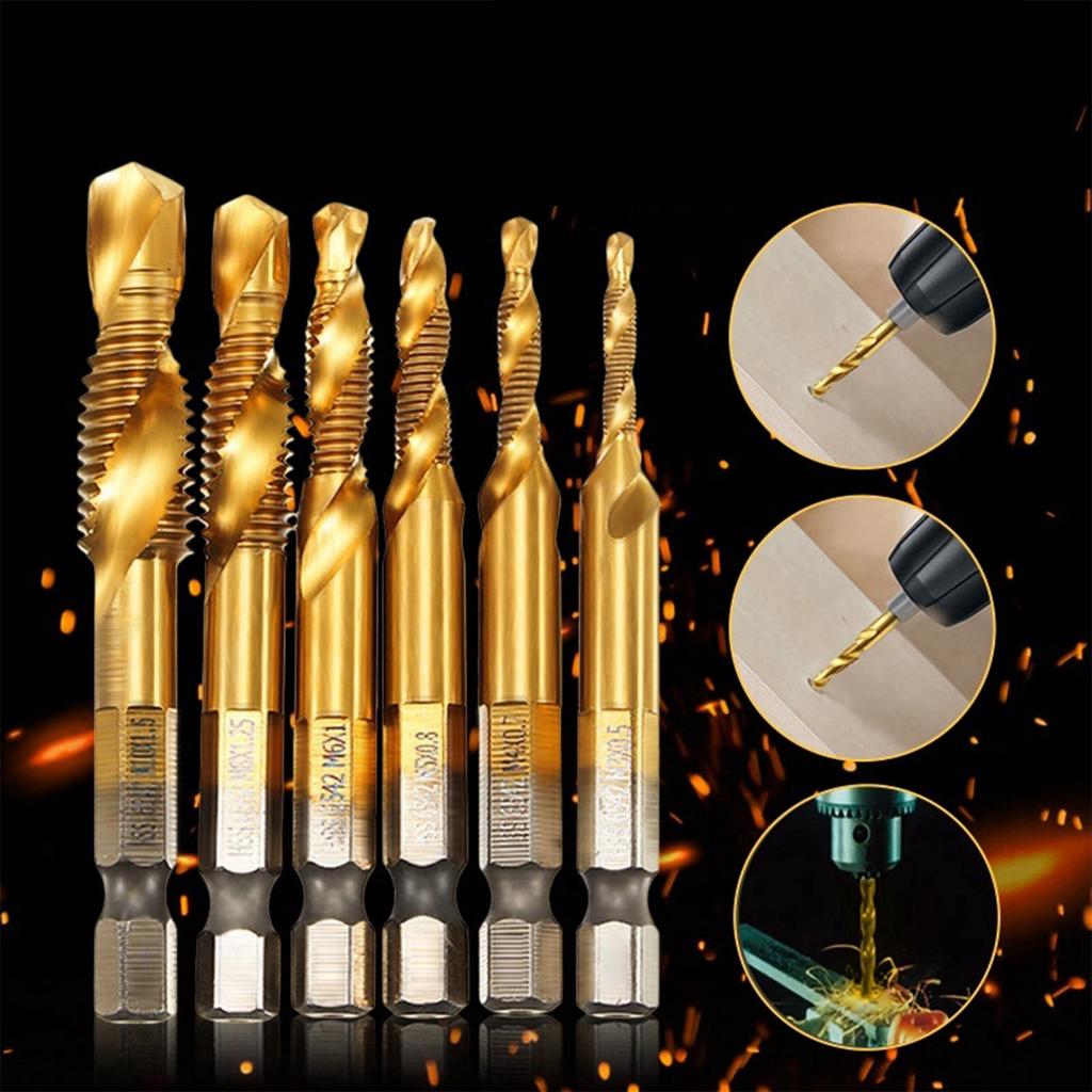 6pcs Metric Thread M3-M10 Titanium Coated HSS Drill and Tap Bits 1/4" Hex Shank