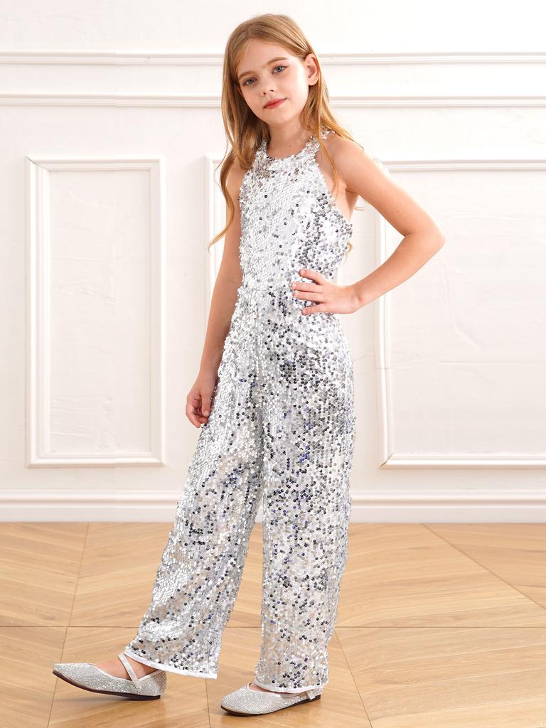 Dziecięcy dziewczęcy kombinezon z halterem, błyszczące cekiny, jazzowy, latynoski, bez rękawów, z wysokim stanem, z długimi spodniami
