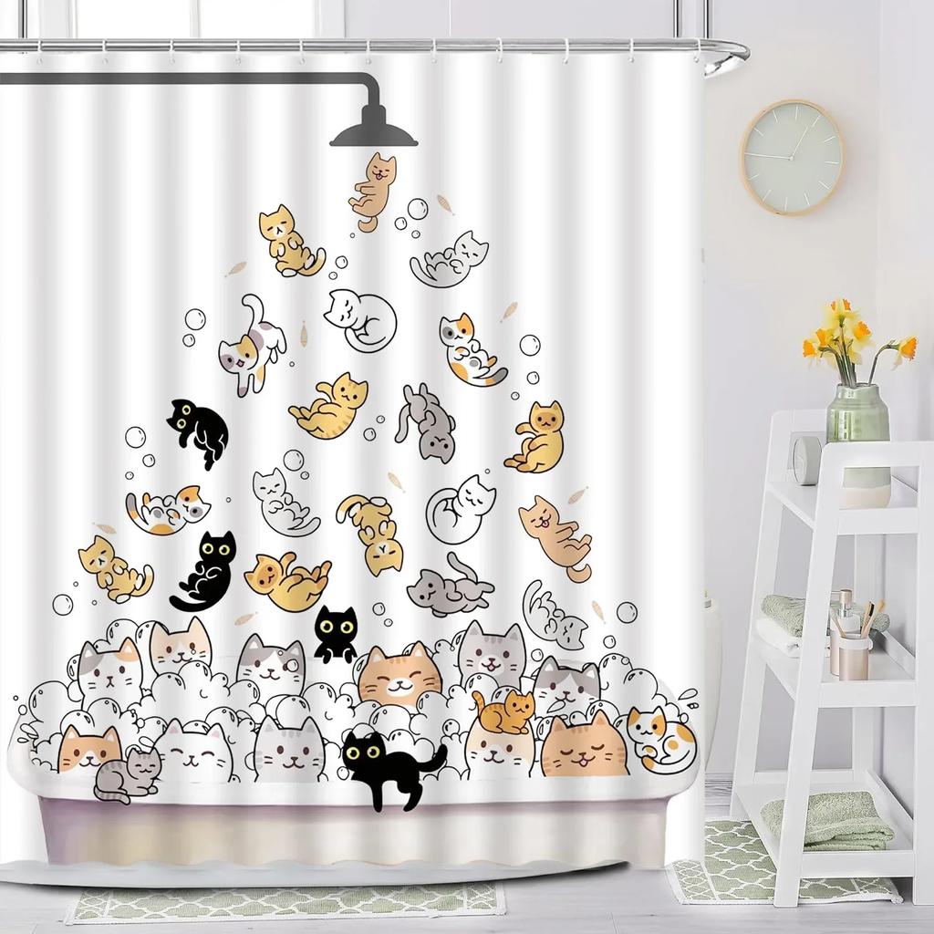 Cartoon Animal Shower Curtain with Funny Cat and Dog Paws Cute Kids Shower Print Family Bathroom Decoration with Hooks