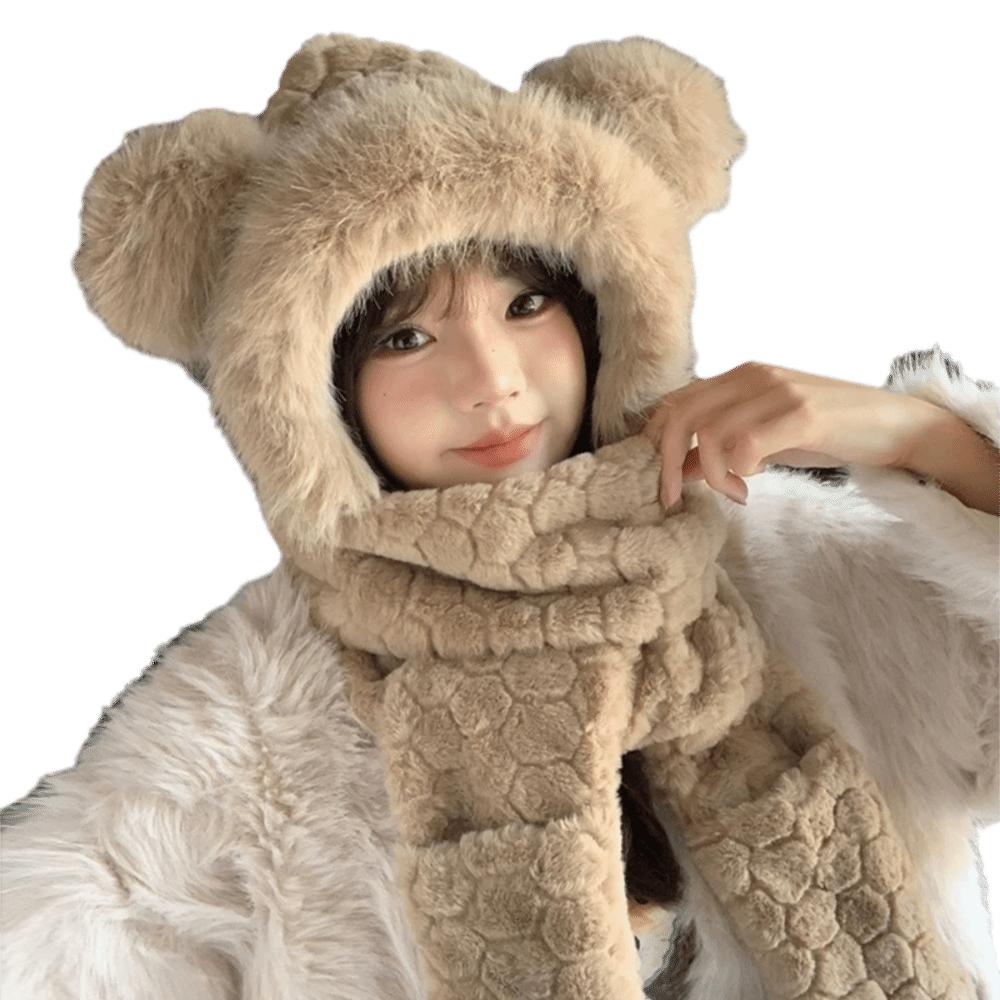 Warm 3-in-1 Cap Scarf Gloves Set Winter Integrated Cap Scarf Bear Ear Hooded Scarf for Women