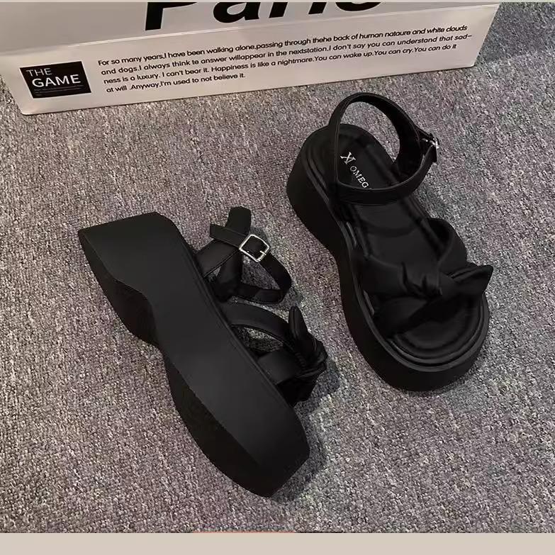 Small Fragrant Style Bow Platform Sandals Female Summer Wear Retro Fairy Style with Skirt Small Height Increase Roman Shoes