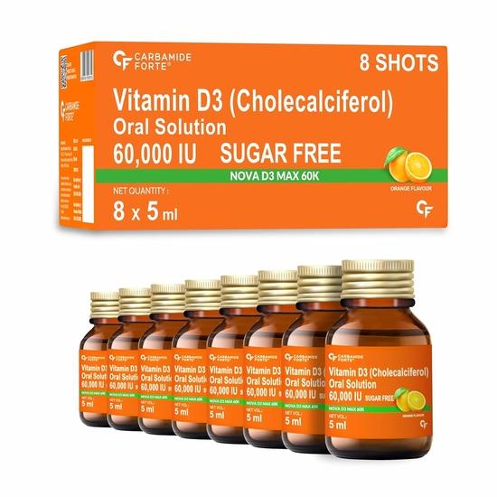 Carbamide Forte Vitamin D3 60000iu Shots | Vitamin D3 60000 Iu Sugar Free Oral Solution – 5ml Orange Flavour (Pack of 8)