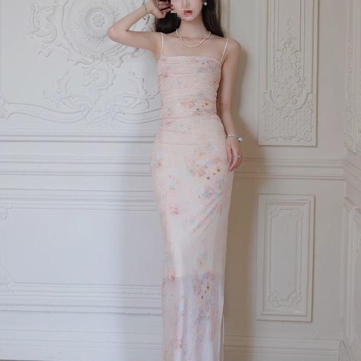 Off-Shoulder Floral Maxi Dress for Women, Slimming Mesh Waist, Gentle Summer Style