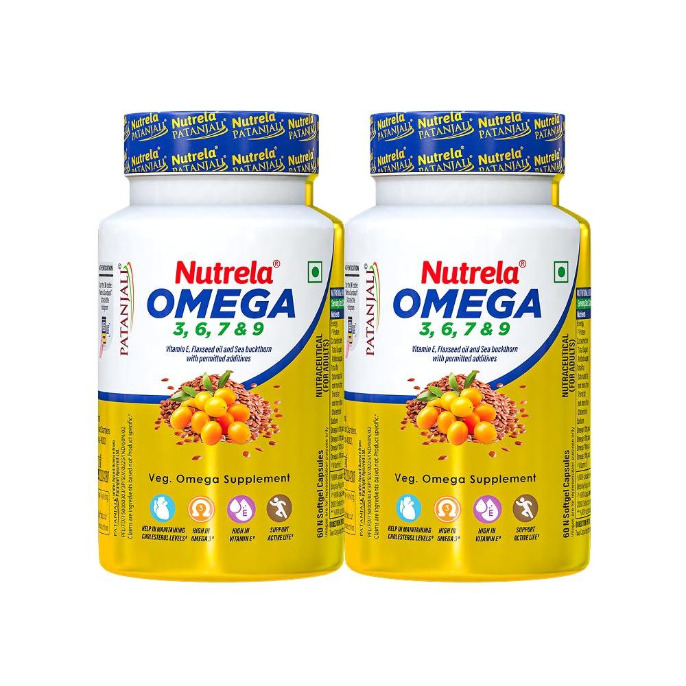 

NUTRELA Patanjali Omega 3 6 7 9 Vegetarian Softgels Pack of 2 X 60 Softgels x2 For Heart Skin Wellness
