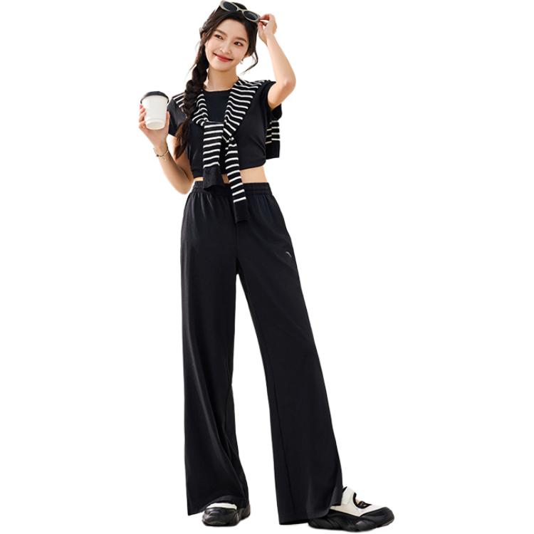 Anta Solid Color Mid-Rise Drawstring Breathable Versatile Wide-Leg Sports Pants Women bottoms Black 962527303-3