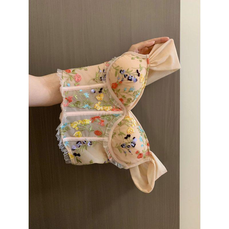 

Princess Style Embroider Fishbone Summer Retro Cinched Mesh Apricot color L