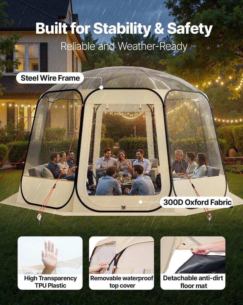 Pop up Bubble Tent, 3.36 x 3.45 m Waterproof & UV-Resistant, Clear Camping Tent Shelter, Outdoor Garden Dome Igloo Tents with Windows, 540° Panoramic