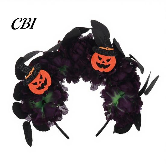 Halloween Party Hairband Floral Headband, Handmade 3D Shape Widened Fit Layered Fabric Flower Headband Hair Hoop, Non-Slip with Pumpkin Witch