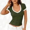 Women Short Sleeve V Neck Fitted T Shirt Trim Ribbed Knit Top for Casual Daily Wear S to XL
