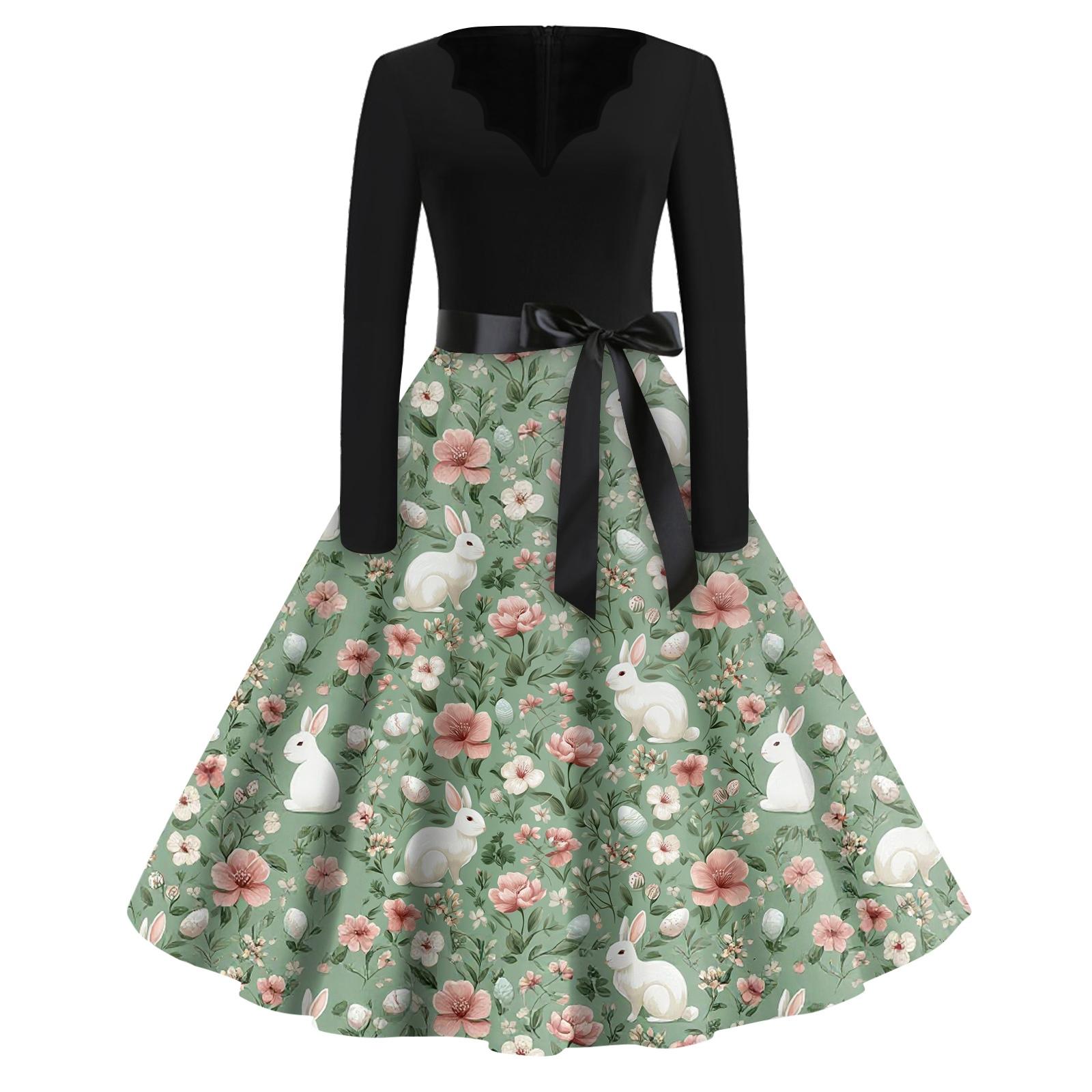 

Платье-клеш с принтом для женщин, платье с длинным рукавом, ажурные платья для вечеринок и повседневной носки S зелёный