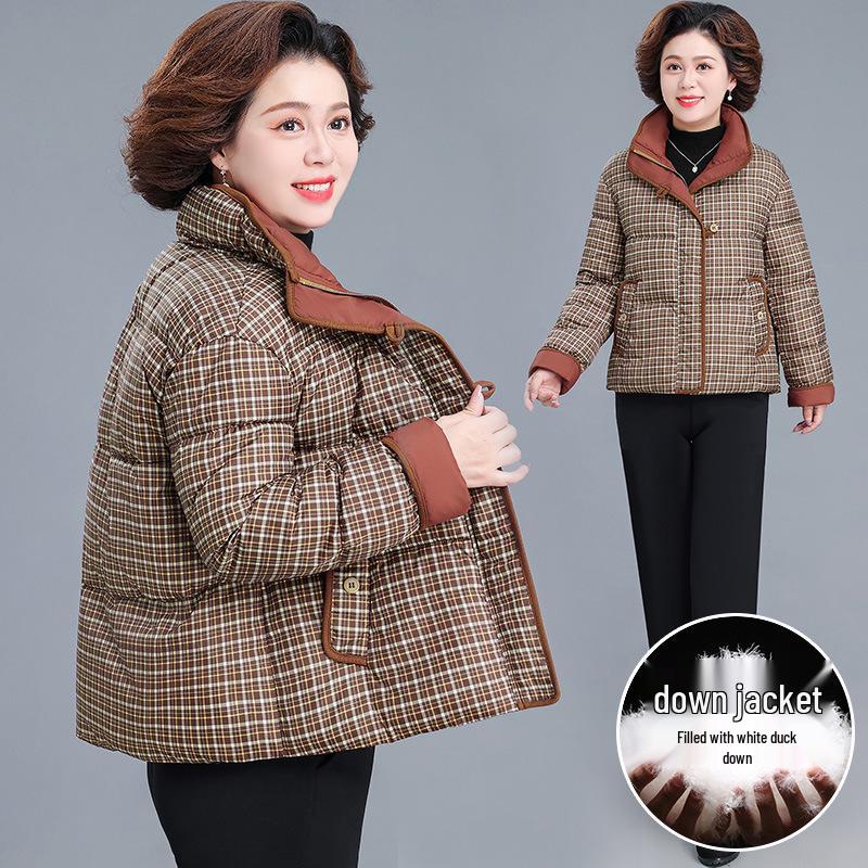 Middle-aged Women's Plus Size Winter Plaid Down Jacket - 2025 Style with Stand-up Collar