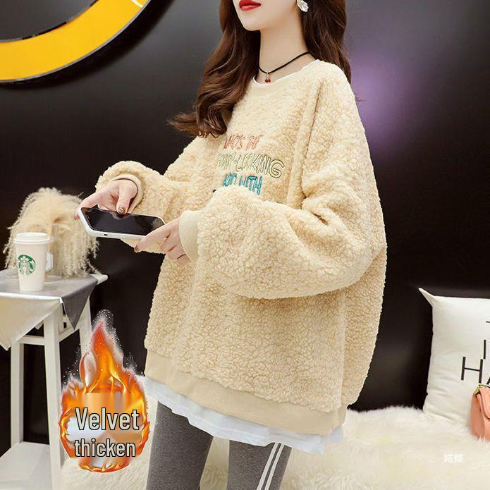 Women's Fleece-Lined Lamb Wool Sweatshirt, Trendy Winter Korean Style, Loose Fit, Plus Size, Faux Two-Piece