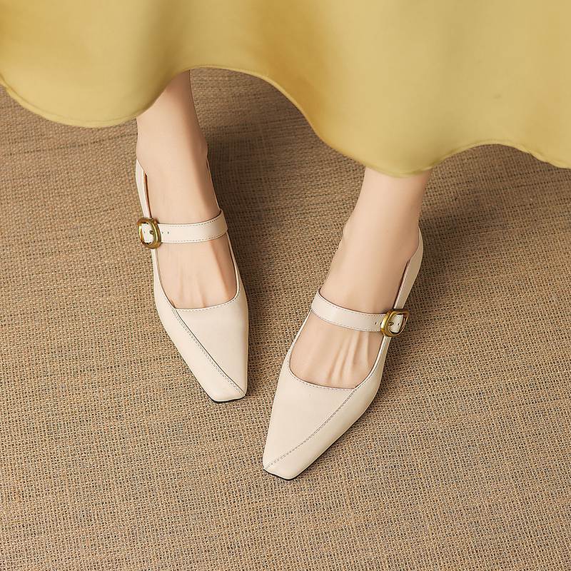 Krazing Pot Microfiber Square Toe Thick Med Heels Spring Summer Shoes Big Size 43 Metal Buckle Women Office Lady Pumps