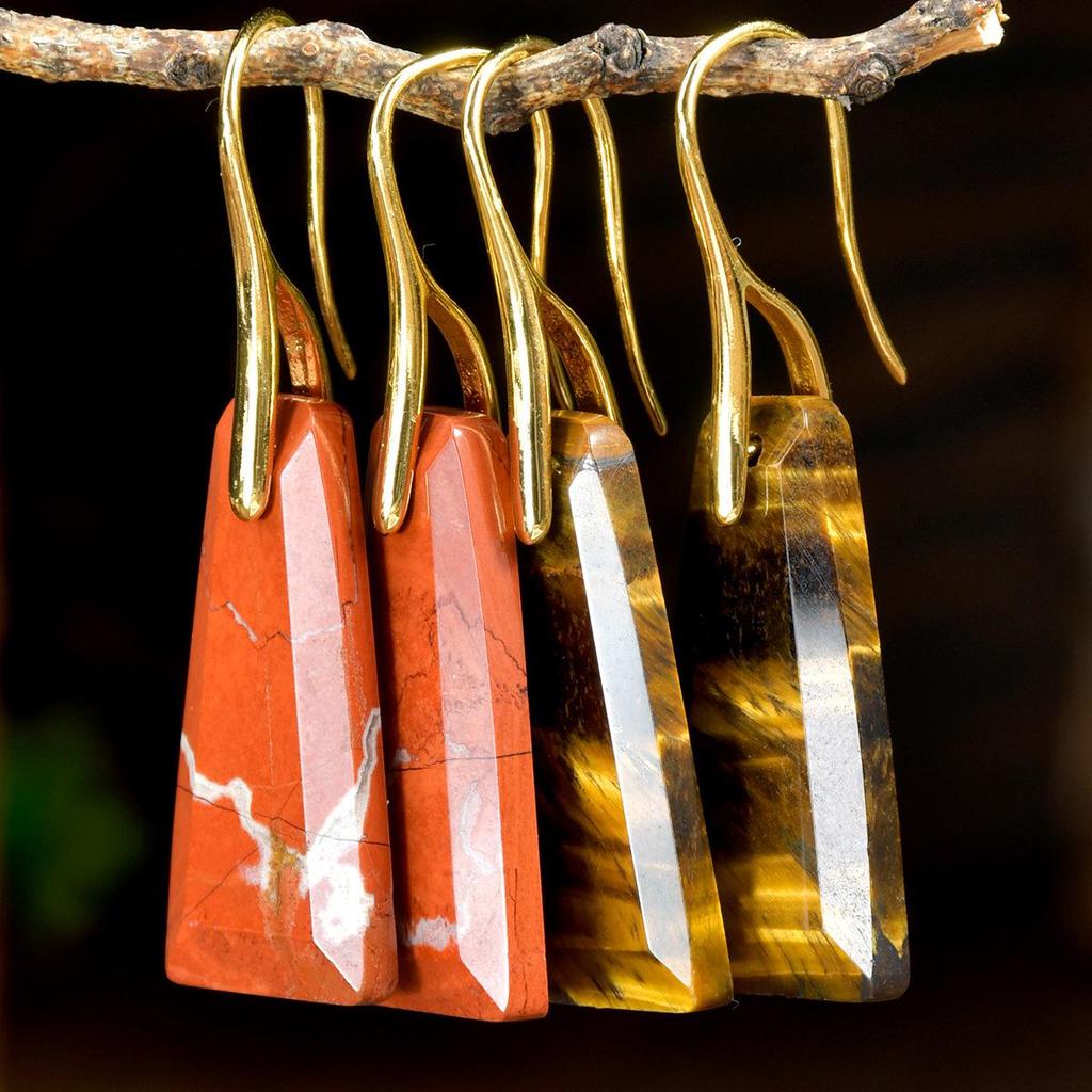 Faceted Trapezoidal Natural Stone Earrings for Women - Luxury Tiger Eye Danglers