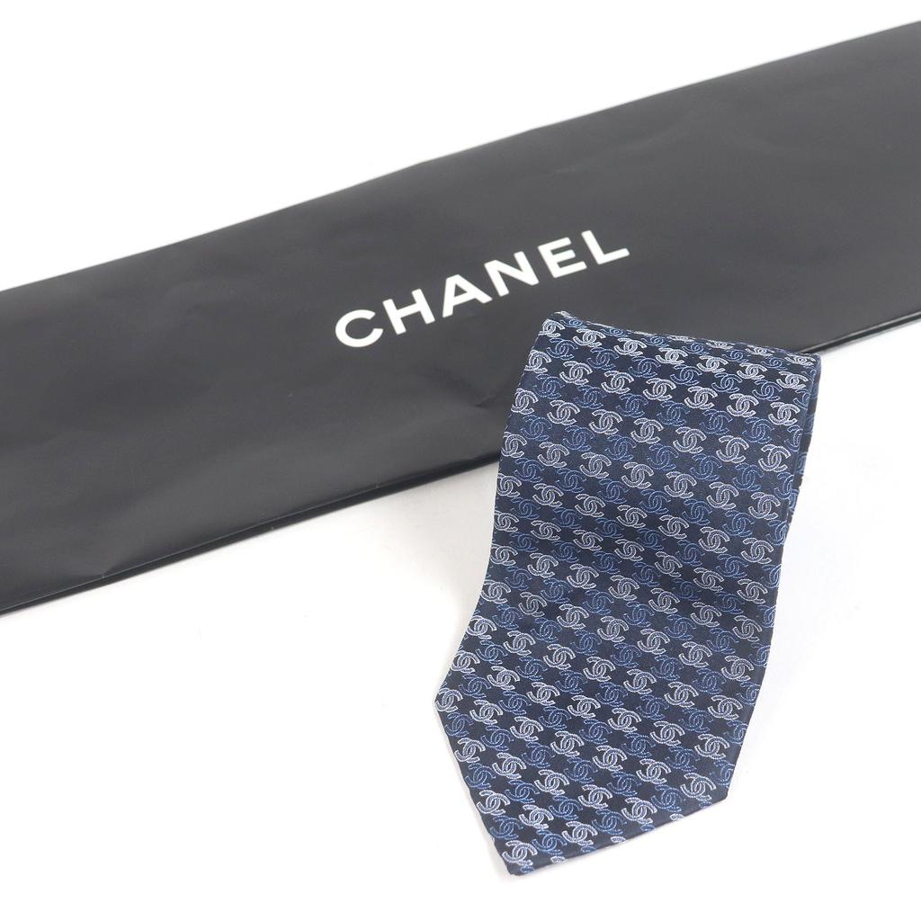 Excellent CHANEL Tie COCO Mark All-over Print Wide Tie Navy Silk Mens Used