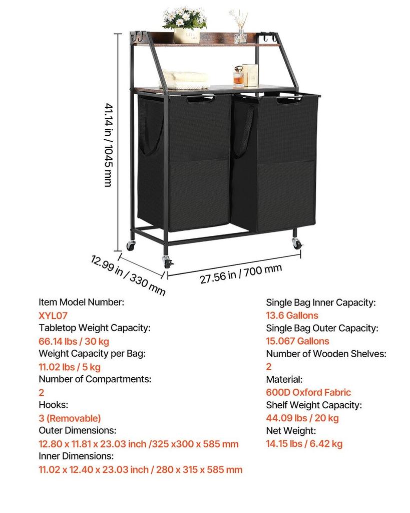 2 Tiers Laundry Sorter Tall Laundry Hamper with Wheels and Hooks 2 Section