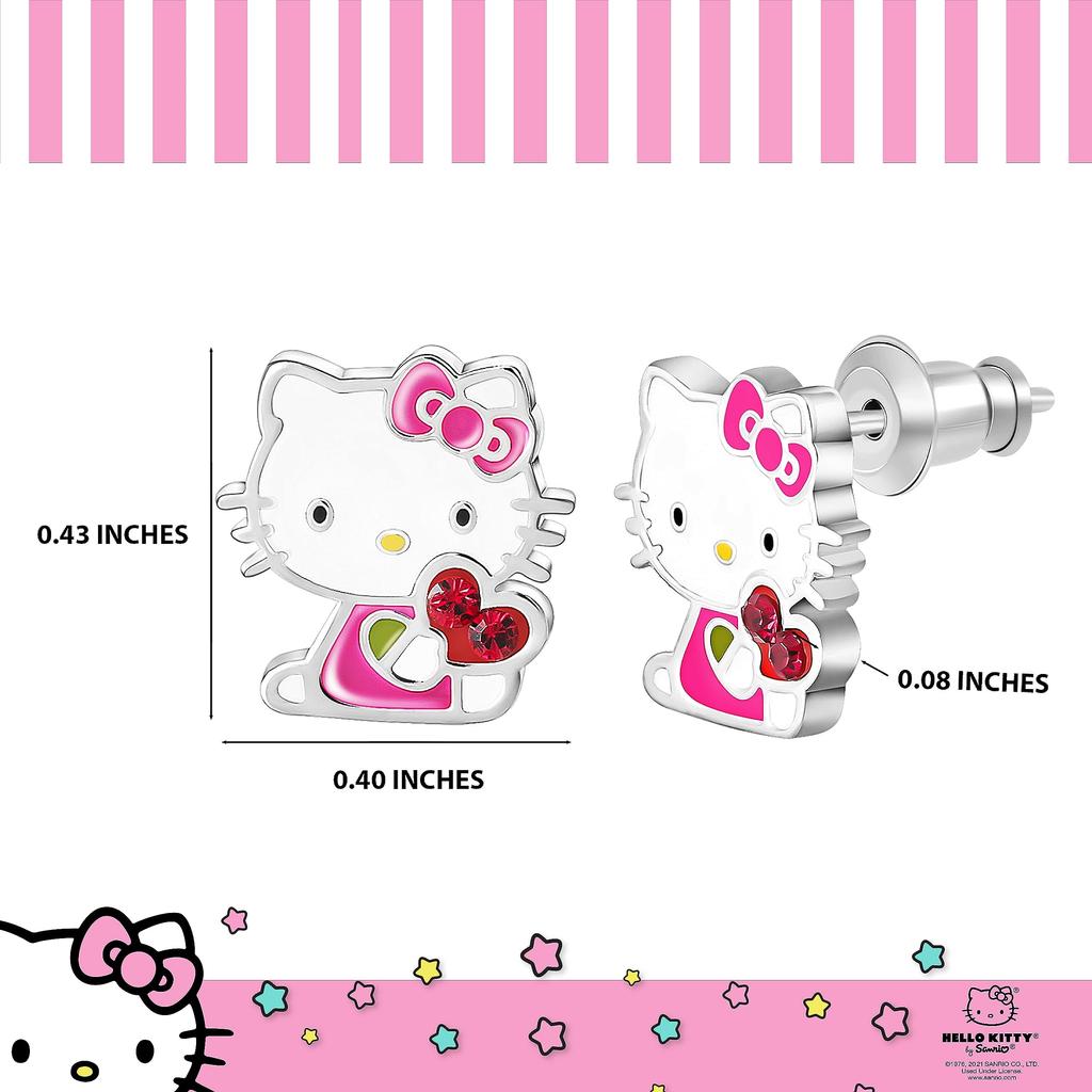 Hello Kitty Stud Sanrio Silver Plated Crystal Earrings for Officially Licensed Hello Kitty Crystal Earrings, Women, Jewelry., Brass,