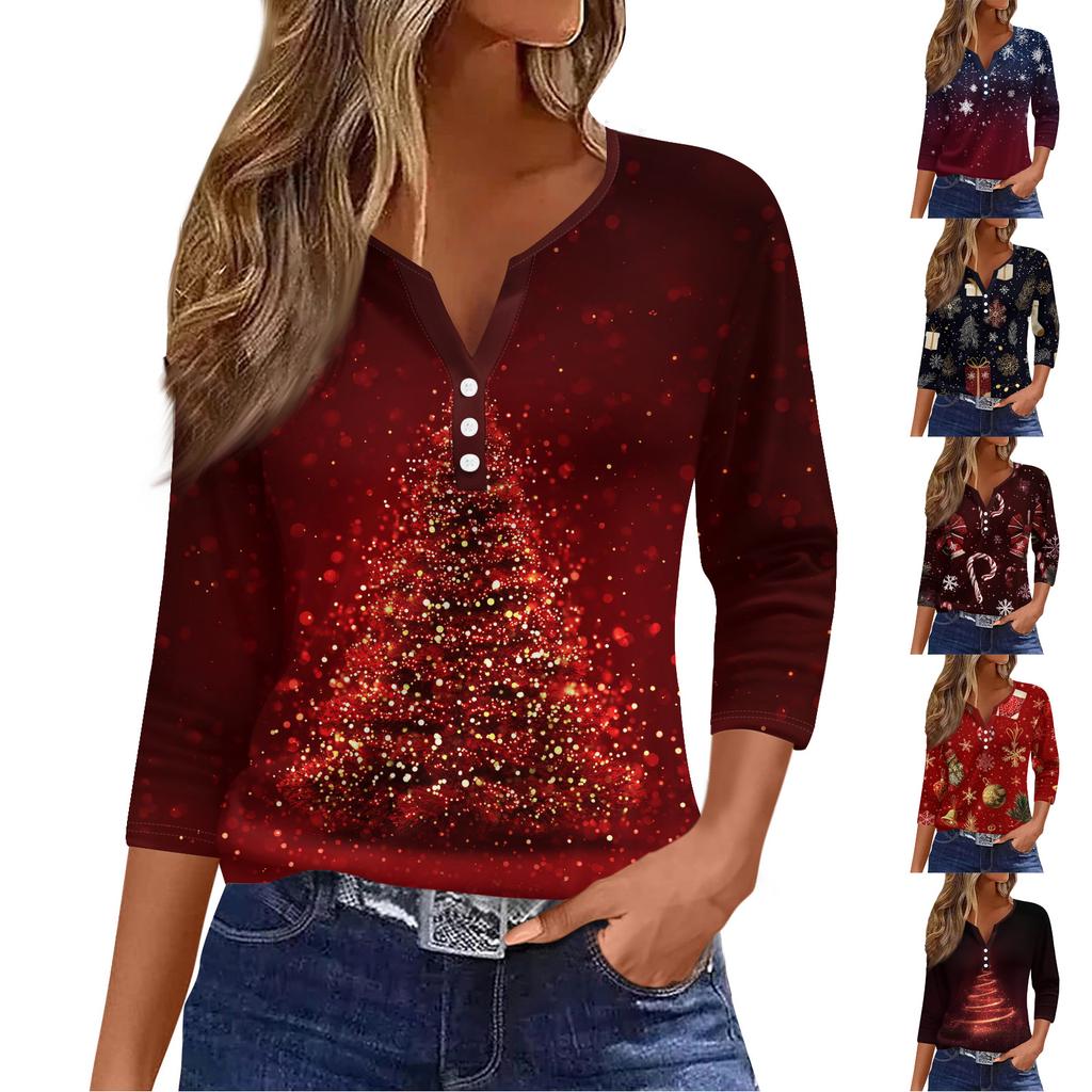 Dámské módní ležérní tričko s potiskem vánočního stromku, výstřihem do V, ozdobnými knoflíky a tříčtvrtečním rukávem