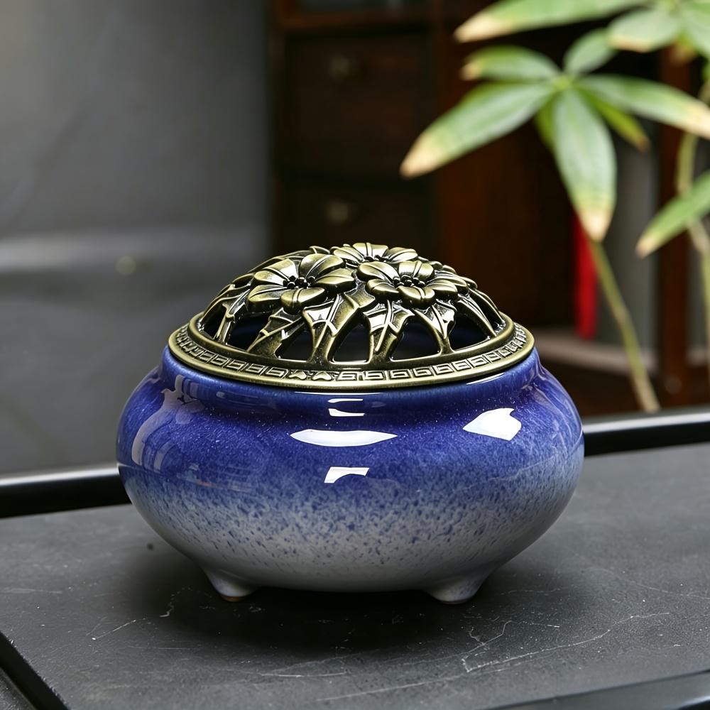 Large Kiln-fired Ceramic Incense Holder Set with Vintage Brass Cover, Includes Fireproof Mat, Coiled Incense Tray and Mesh Cover