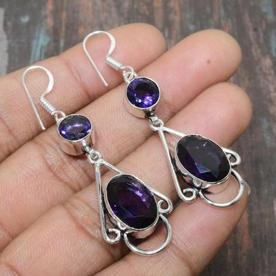 Amethyst-Edelstein, handgefertigt, massiver 925er-Sterlingsilber-Schmuckohrring für Frauen