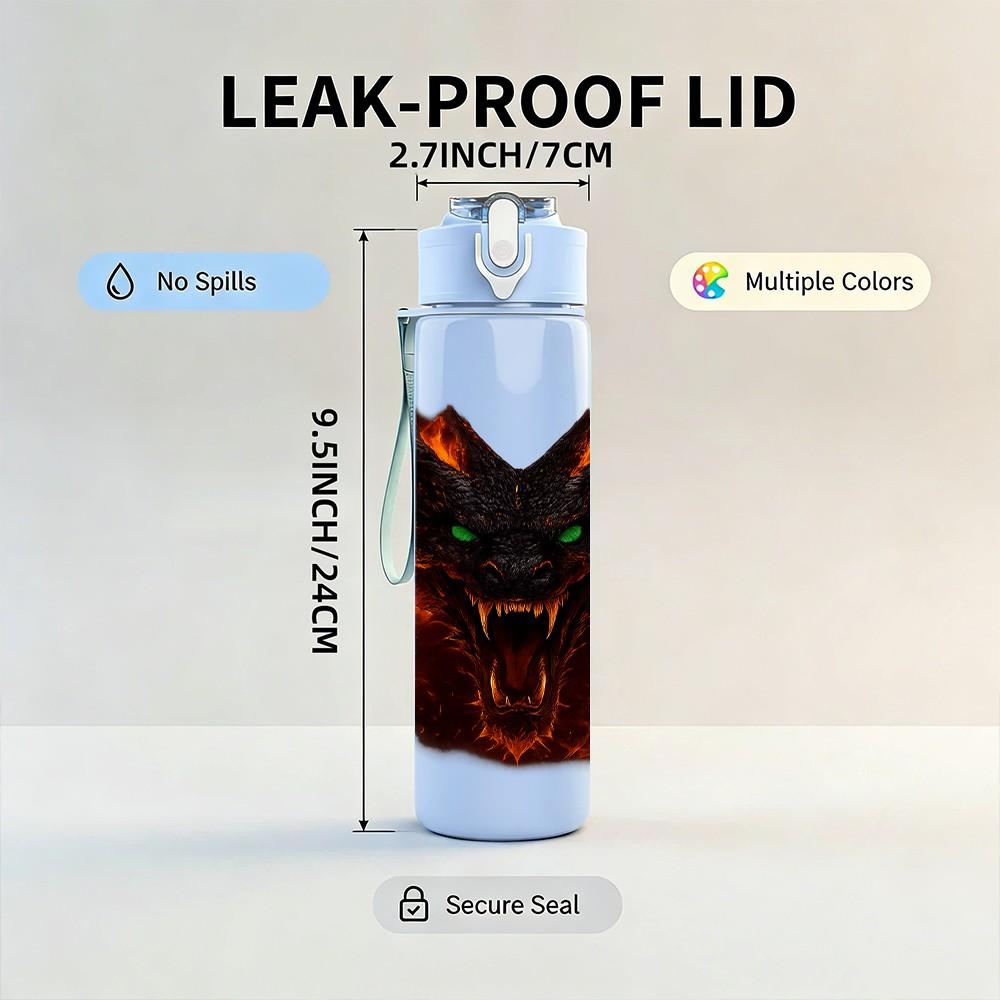 1PC Fiery Red Demon Beast Fantasy Head Print 750ml Color Plastic Sports Water Bottle Leakproof Flip Straw Lid Suitable for Sports Office Home Use