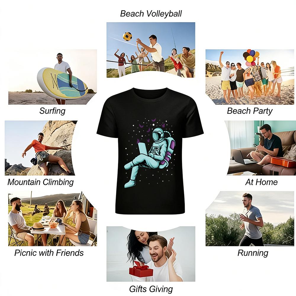 Astronaut Working With Laptop Graphic Casual T-Shirt Pure Cotton T-shirt
