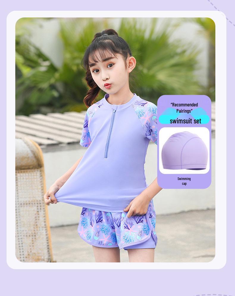 2025 New Japanese Floral Girls' Swimsuit Set with Swim Cap for Training