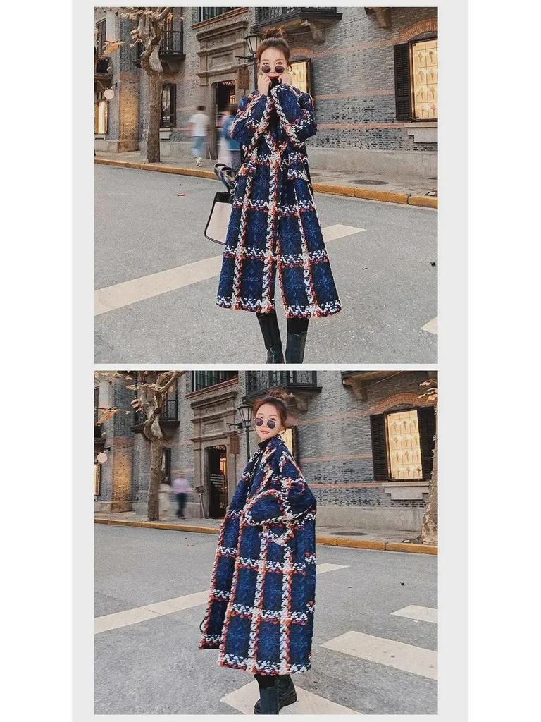 Vlněný kabát ve stylu Xiaoxiang: Kontrastní barva, Volný střih, Středně dlouhá délka