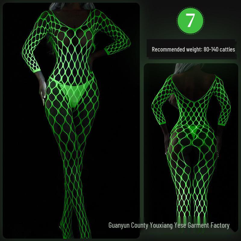Linlinting Plus Size Glow-in-the-Dark Fishnet Bodystocking with Luminous Bandeau and Socks