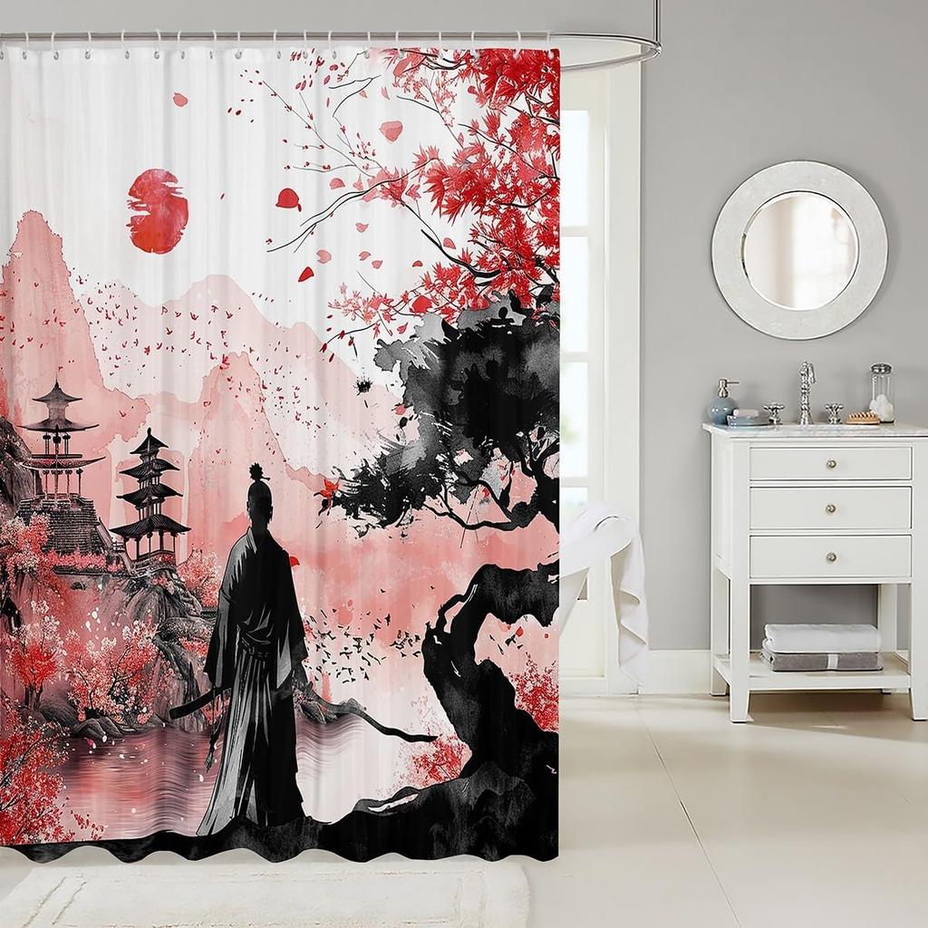 Japanese Samurai Bath Curtain Boys Girls  Landscape Shower Curtain for Kids Women Men Waterproof Sunset Bathroom Shower Curtain