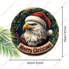Bald Eagle Santa Hat Christmas Round Wooden Hanging Sign, 2D Flat Printed Holly Wreath Front Door Decor, Merry Christmas Patriotic Wall Ornament Gift