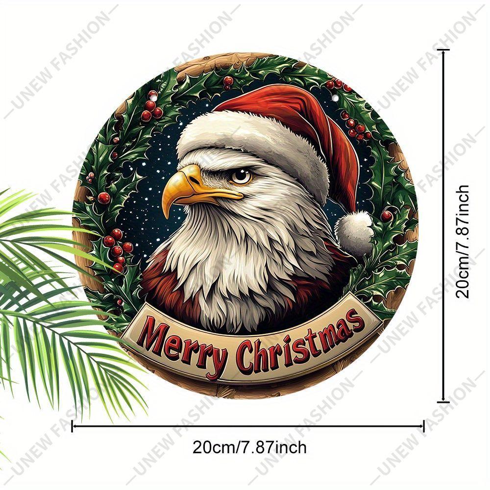 Bald Eagle Santa Hat Christmas Round Wooden Hanging Sign, 2D Flat Printed Holly Wreath Front Door Decor, Merry Christmas Patriotic Wall Ornament Gift