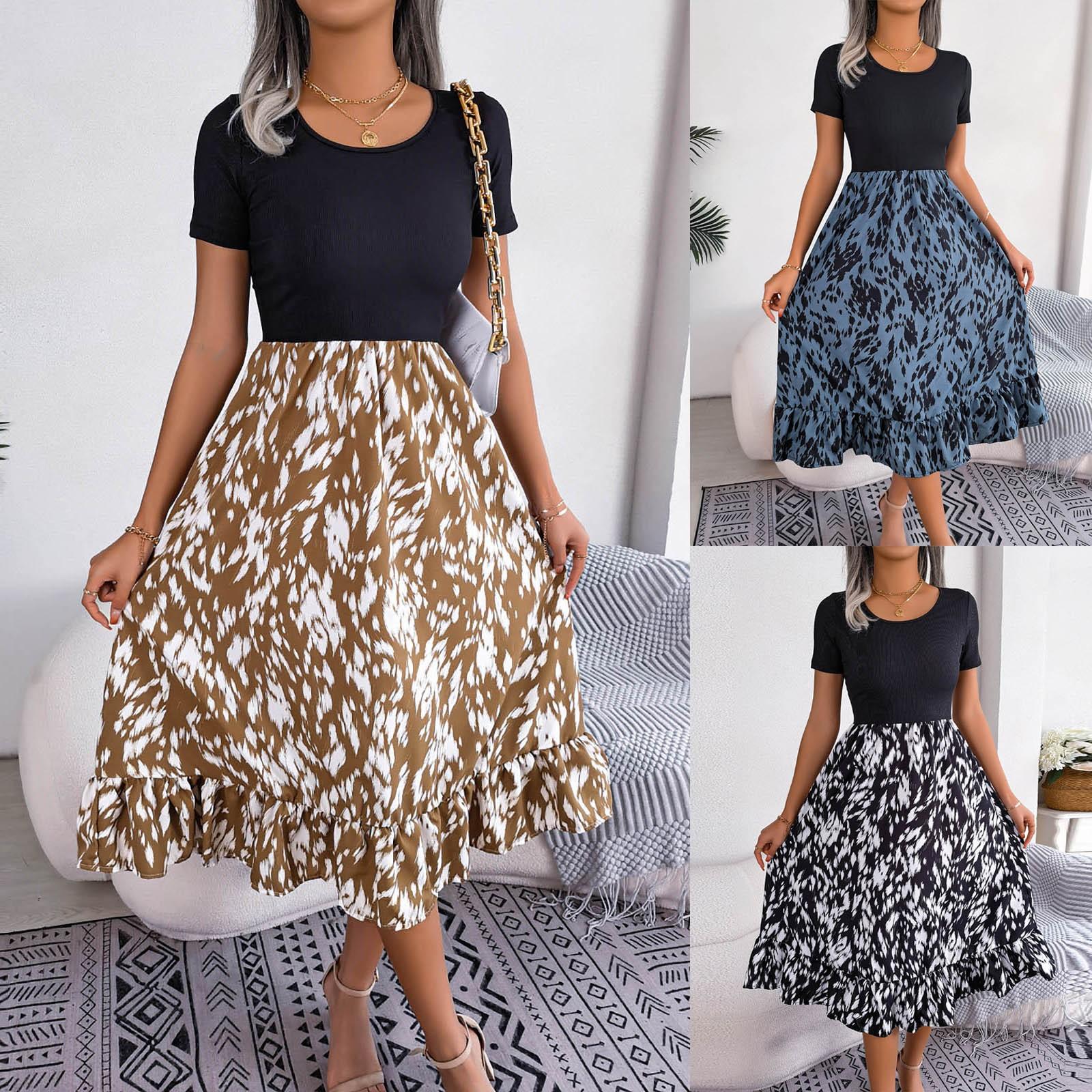 

Модное женское летнее пэчворк с круглым вырезом и леопардовым принтом, повседневное плиссированное платье с высокой талией