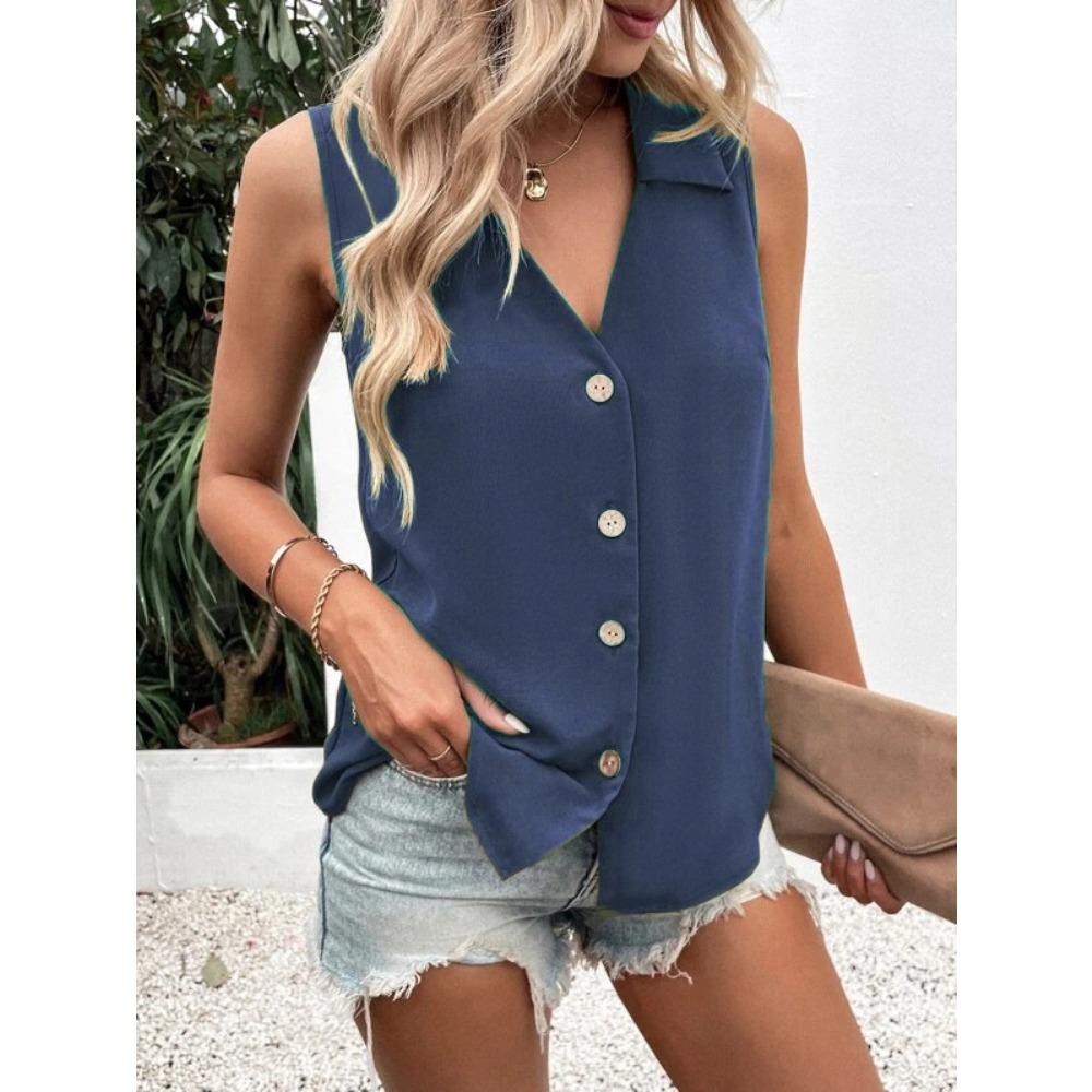 Ärmellose Damen V-Ausschnitt Knopfleiste Bluse Lässiges Einfarbiges Tanktop Hemd