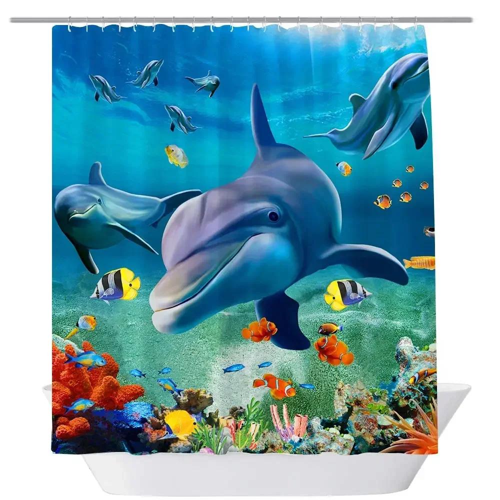 Dolphin Shower Curtain Sea Theme Shower Curtain Hook Washable Dolphin Waterproof 3D Animals Shower Curtain for Bathroom Decor